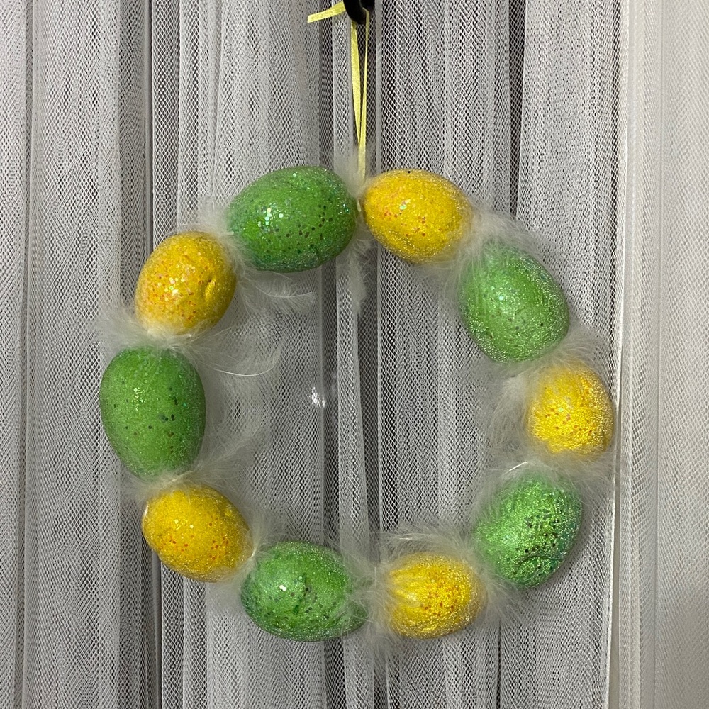 Easter Egg Wreath in Green & Yellow With Feathers in Between